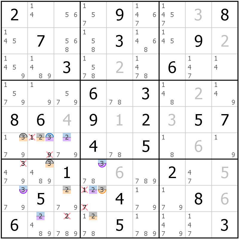 Position des candidats pour la solution de la grille page 62 du magazine de sudoku grandmaitre n° 13