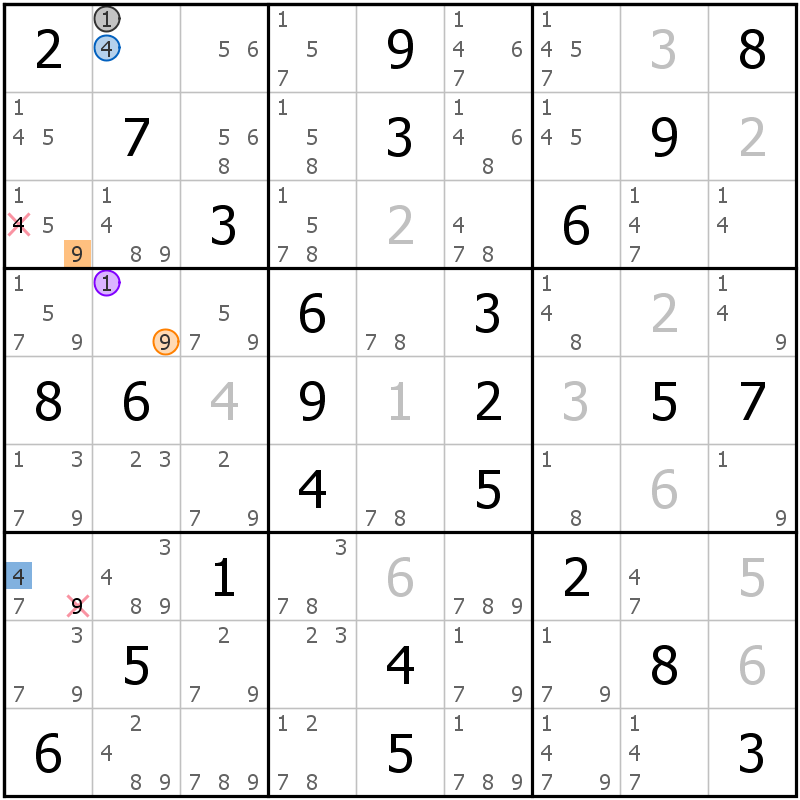 Position des candidats pour la solution de la grille page 62 du magazine de sudoku grandmaitre n° 13