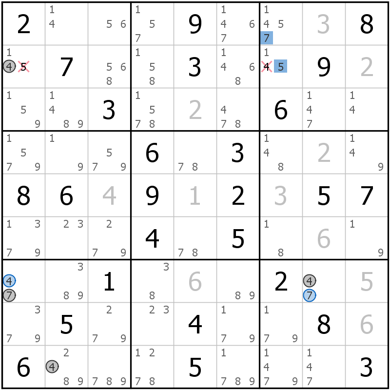 Position des candidats pour la solution de la grille page 62 du magazine de sudoku grandmaitre n° 13