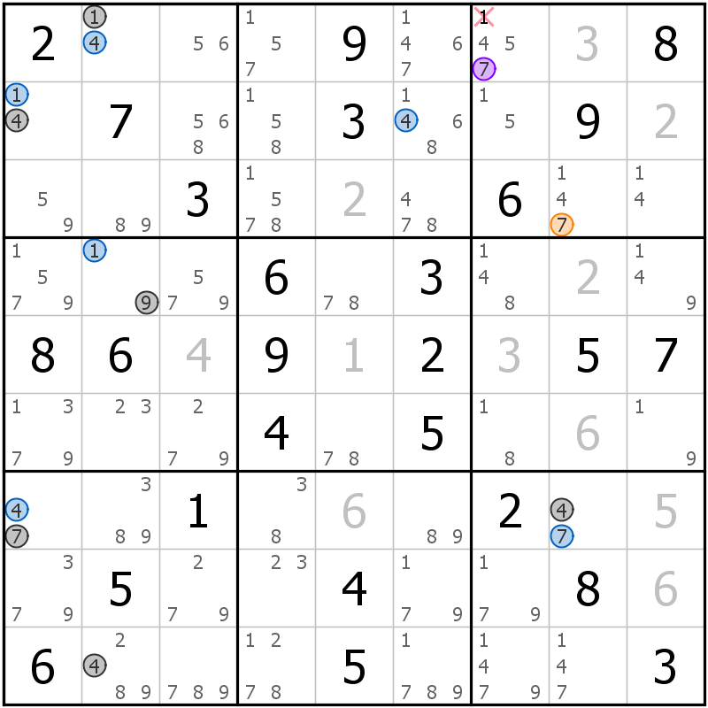 Position des candidats pour la solution de la grille page 62 du magazine de sudoku grandmaitre n° 13