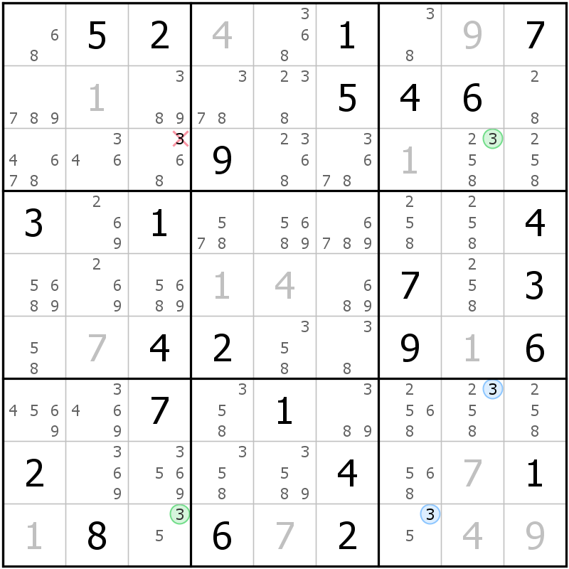 Position des candidats pour la solution de la grille page 63 du magazine de sudoku grandmaitre n° 13