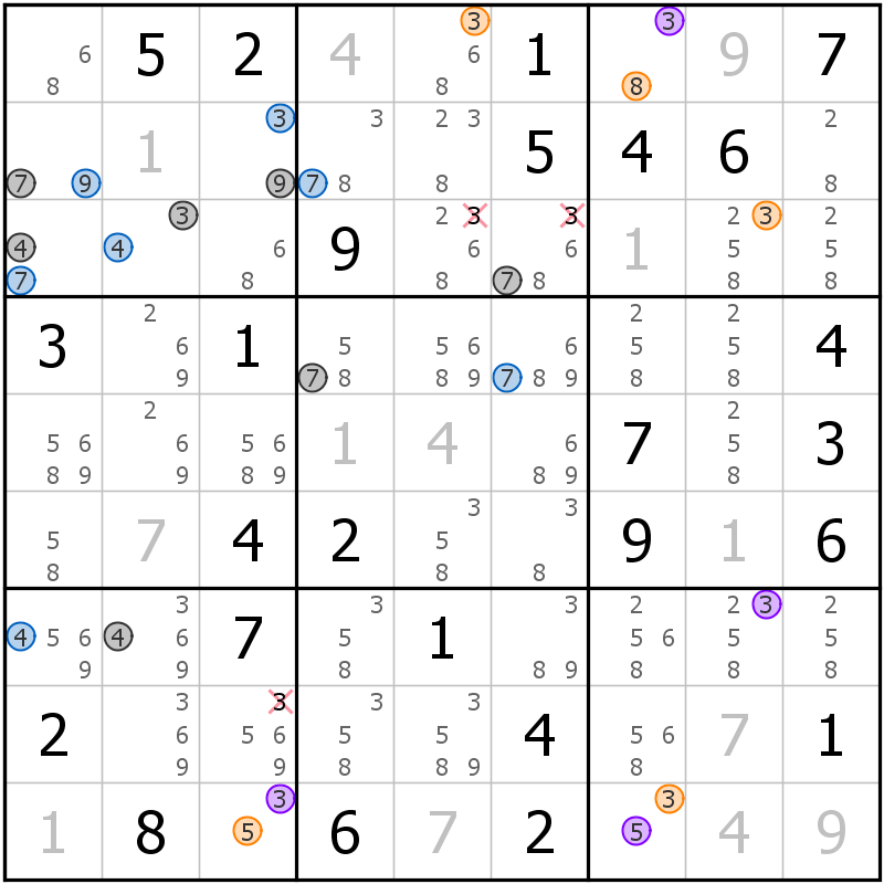 Position des candidats pour la solution de la grille page 63 du magazine de sudoku grandmaitre n° 13