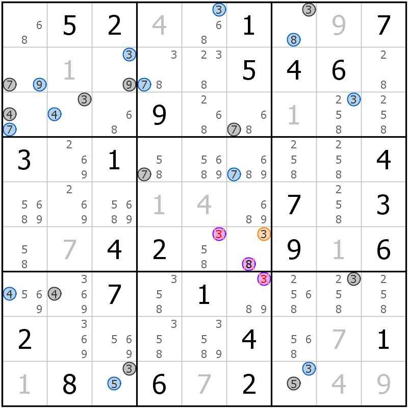 Position des candidats pour la solution de la grille page 63 du magazine de sudoku grandmaitre n° 13