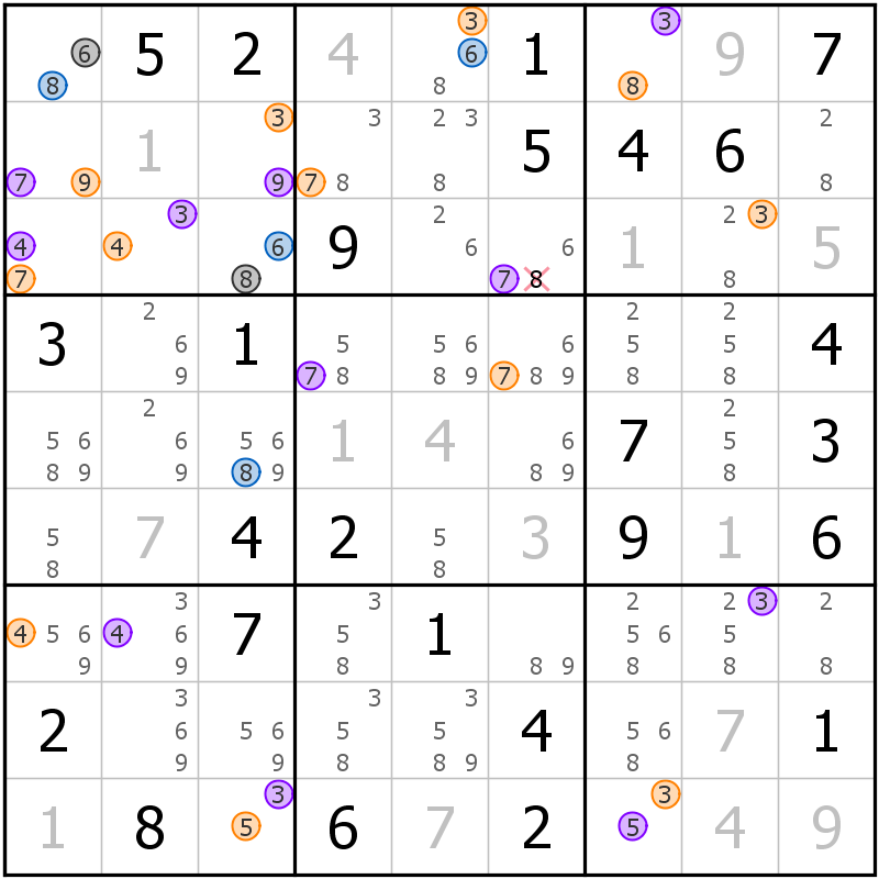 Position des candidats pour la solution de la grille page 63 du magazine de sudoku grandmaitre n° 13
