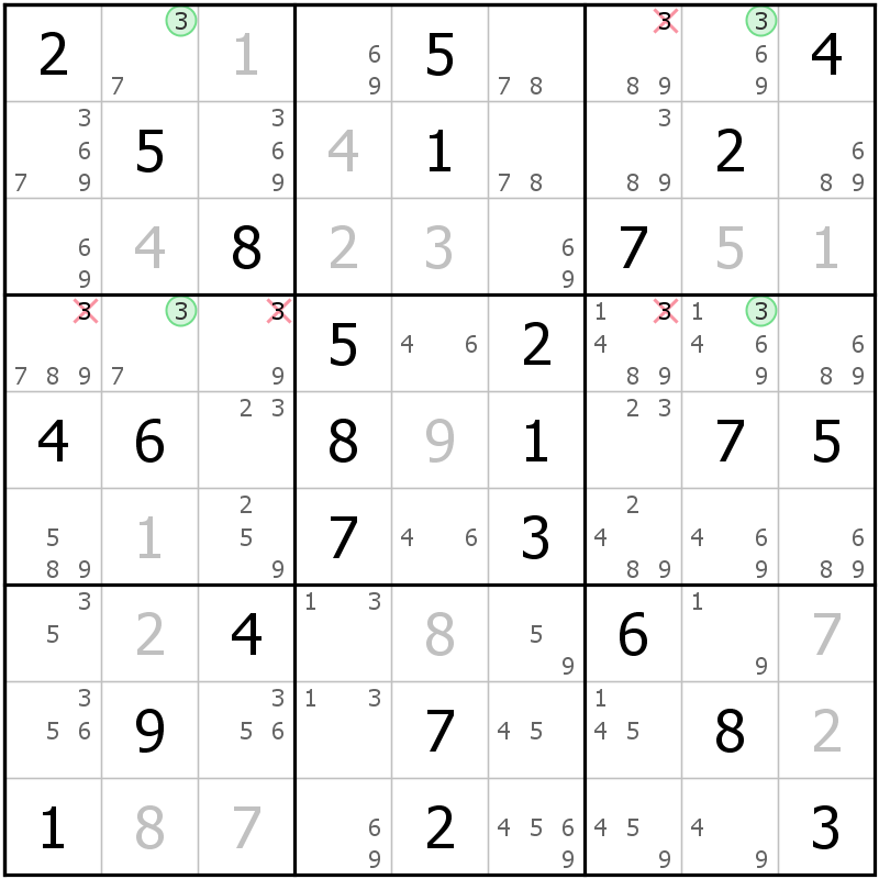 Position des candidats pour la solution de la grille page 67 du magazine de sudoku grandmaitre n° 13