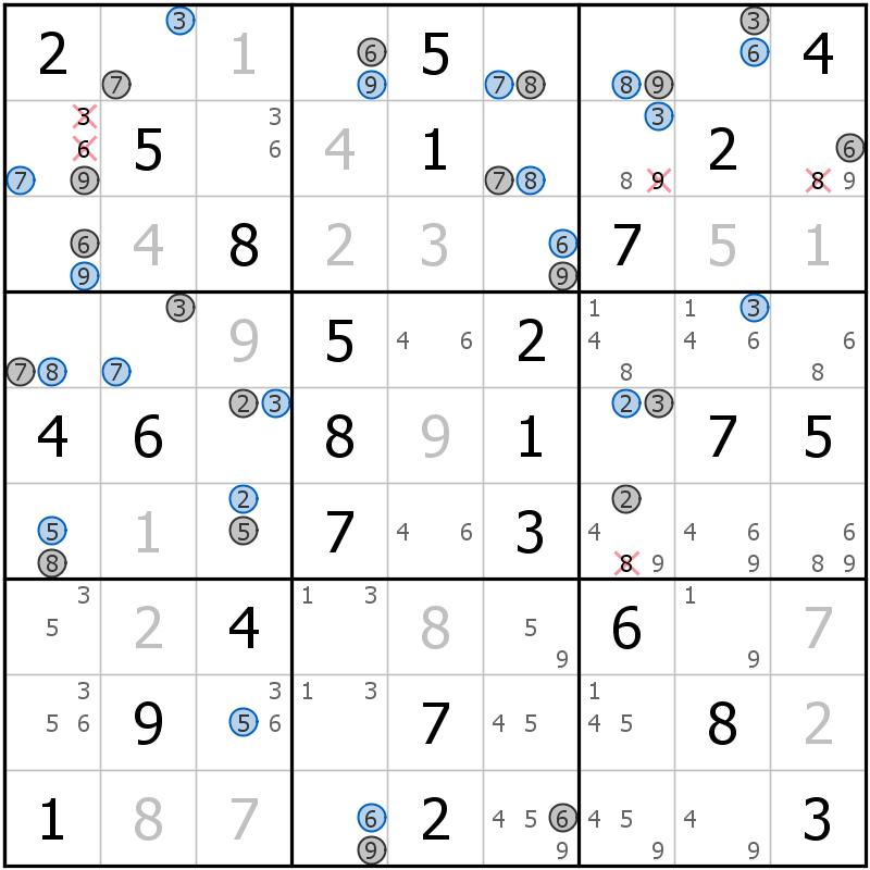 Position des candidats pour la solution de la grille page 67 du magazine de sudoku grandmaitre n° 13