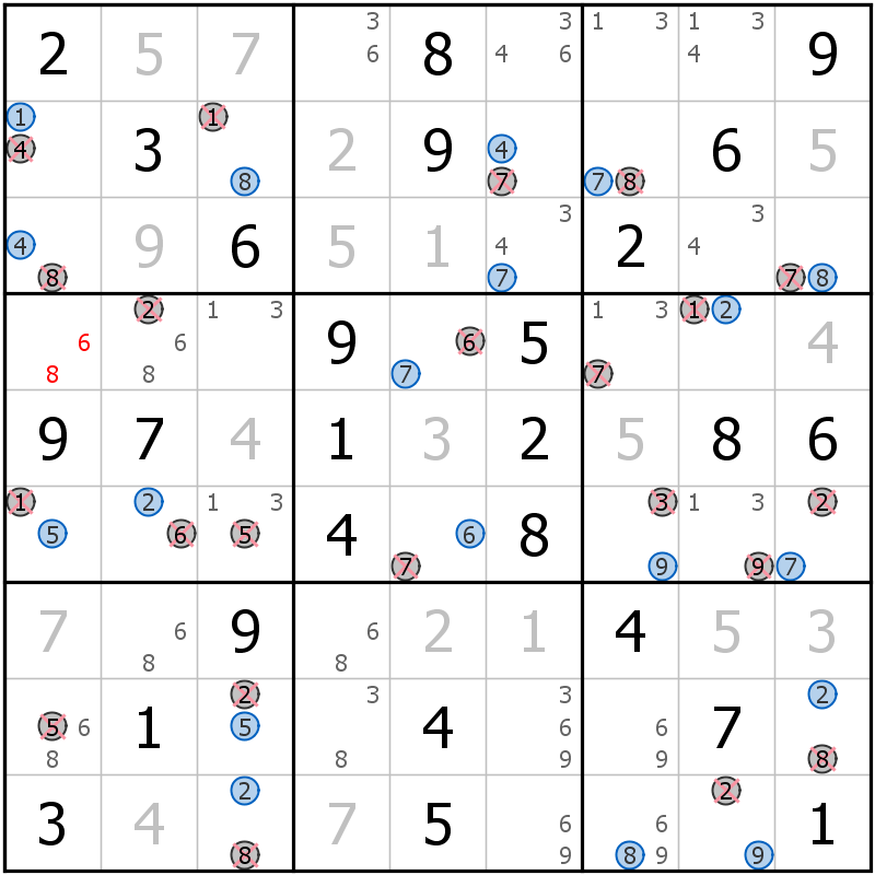 Position des candidats pour la solution de la grille page 68 du magazine de sudoku grandmaitre n° 13
