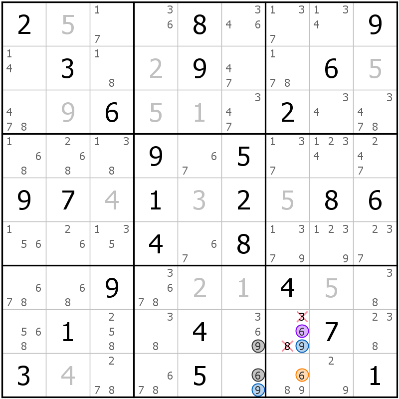 Position des candidats pour la solution de la grille page 68 du magazine de sudoku grandmaitre n° 13