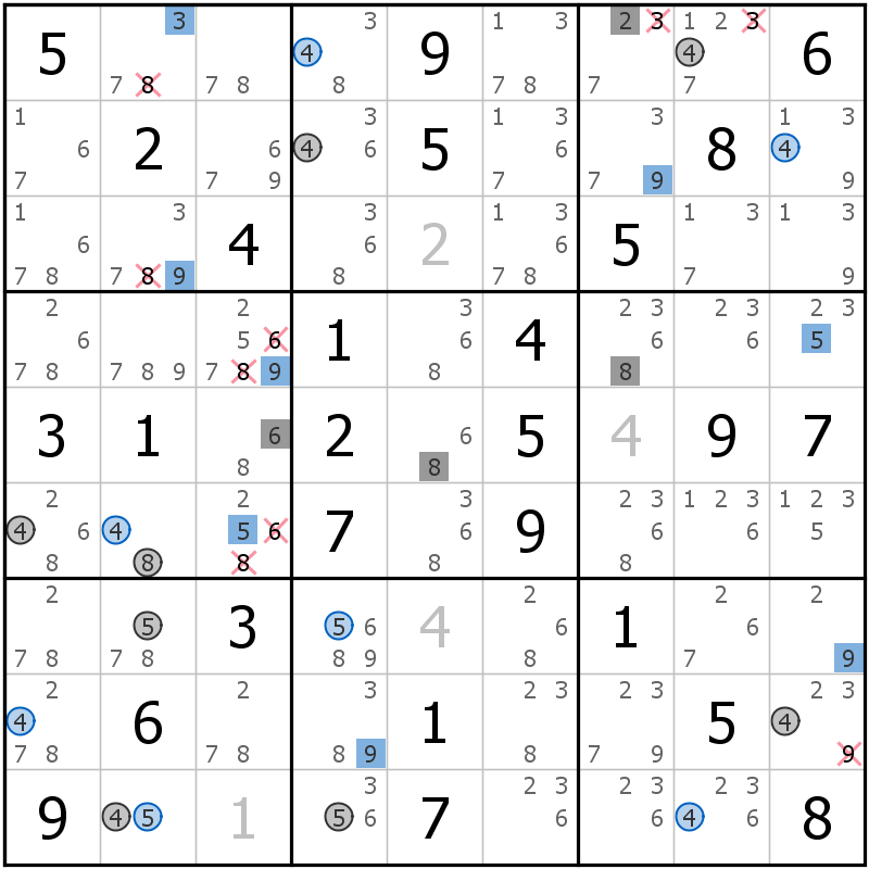 Position des candidats pour la solution de la grille page 69 du magazine de sudoku grandmaitre n° 13