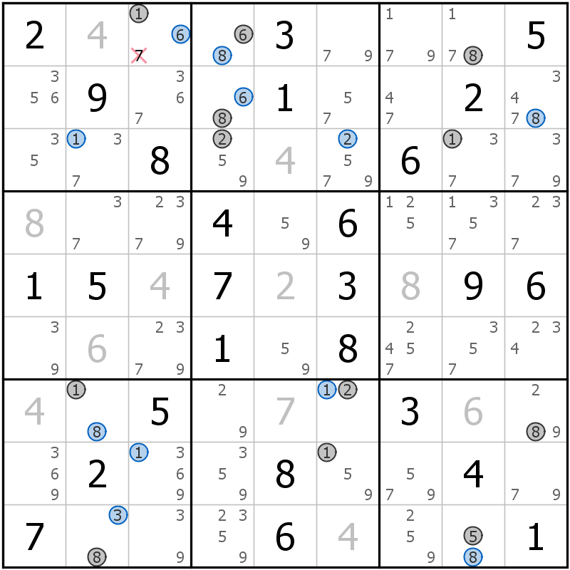 Position des candidats pour la solution de la grille page 70 du magazine de sudoku grandmaitre n° 13