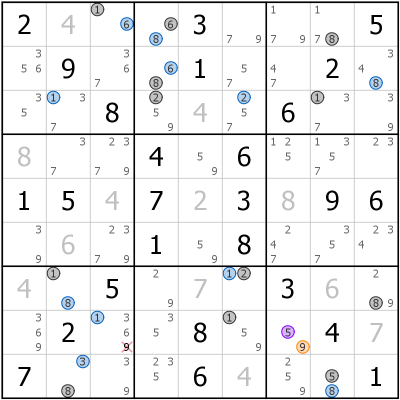 Position des candidats pour la solution de la grille page 70 du magazine de sudoku grandmaitre n° 13