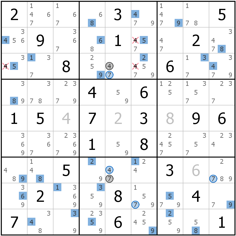 Position des candidats pour la solution de la grille page 70 du magazine de sudoku grandmaitre n° 13