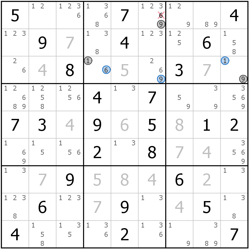 Position des candidats pour la solution de la grille page 71 du magazine de sudoku grandmaitre n° 13