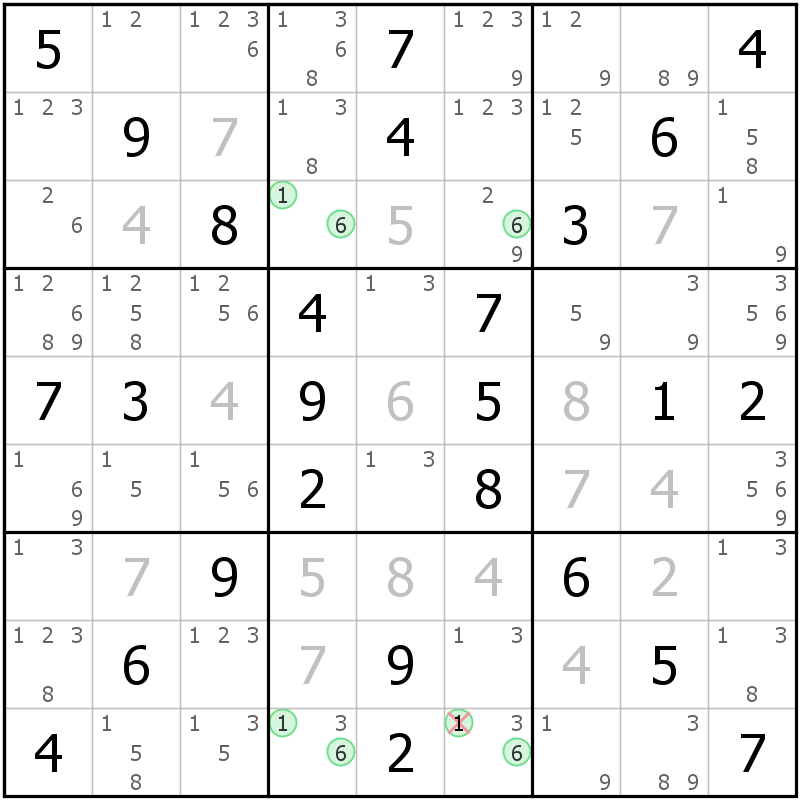 Position des candidats pour la solution de la grille page 71 du magazine de sudoku grandmaitre n° 13