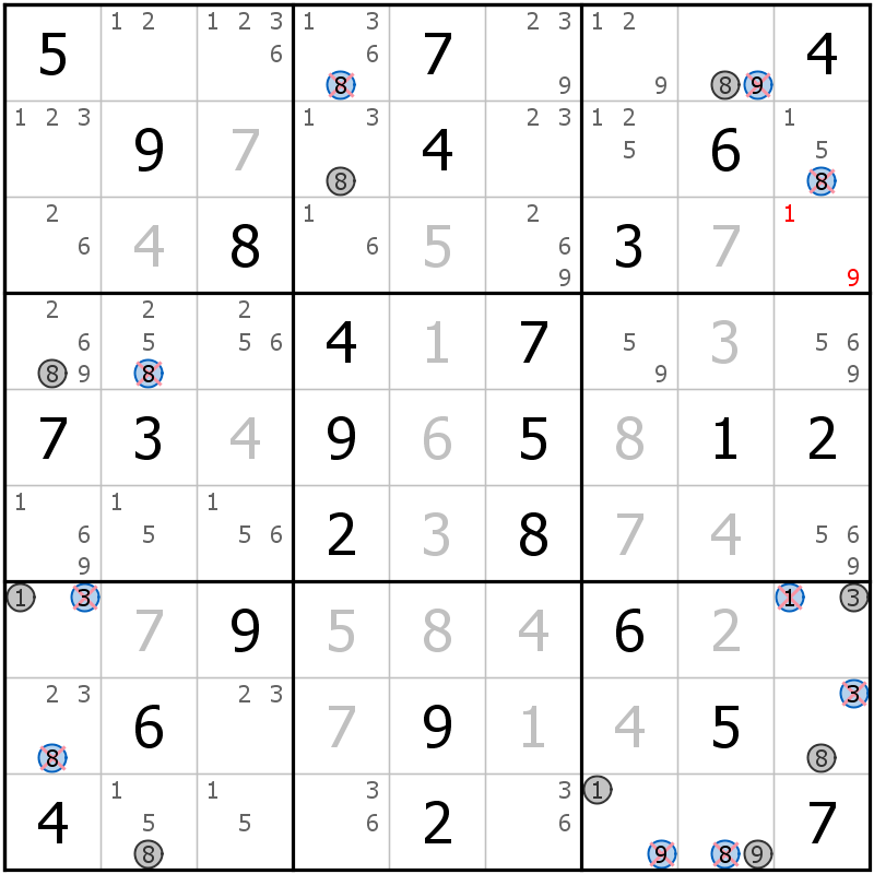 Position des candidats pour la solution de la grille page 71 du magazine de sudoku grandmaitre n° 13