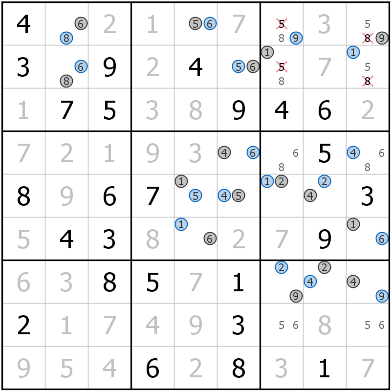 Position des candidats pour la solution de la grille page 8 du magazine de sudoku grandmaitre n° 13