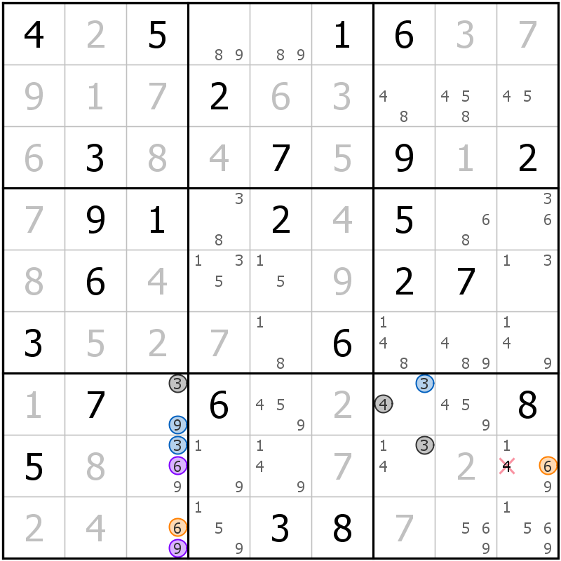Position des candidats pour la solution de la grille page 9 du magazine de sudoku grandmaitre n° 13