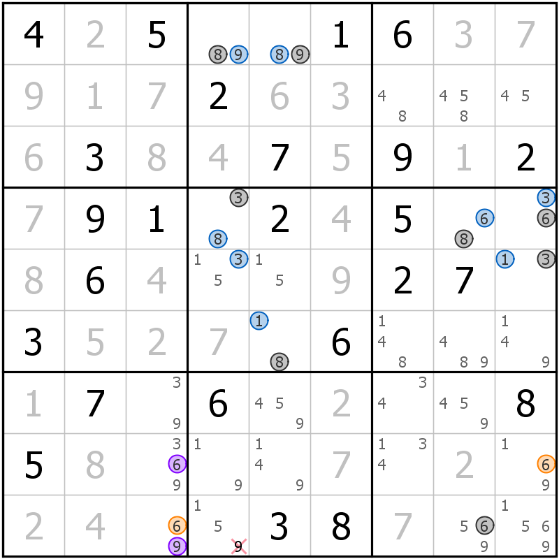 Position des candidats pour la solution de la grille page 9 du magazine de sudoku grandmaitre n° 13