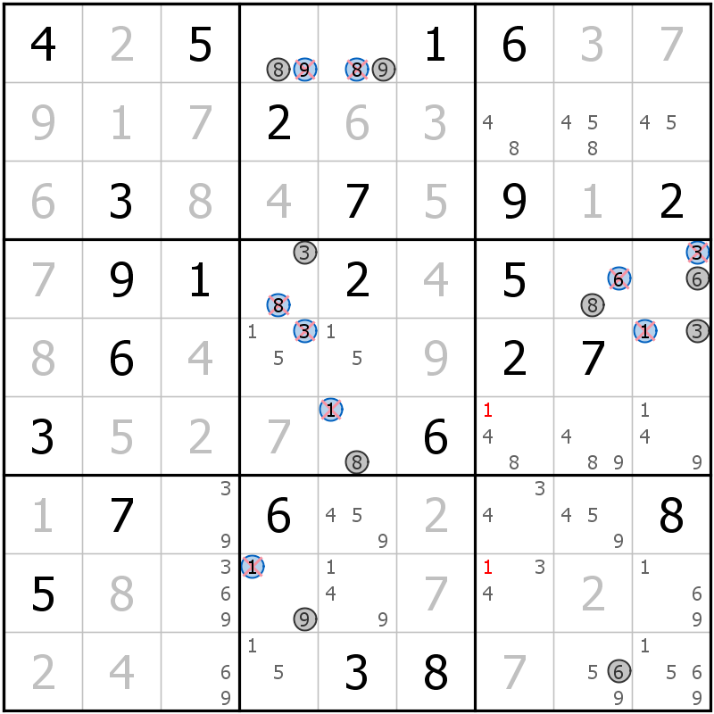 Position des candidats pour la solution de la grille page 9 du magazine de sudoku grandmaitre n° 13