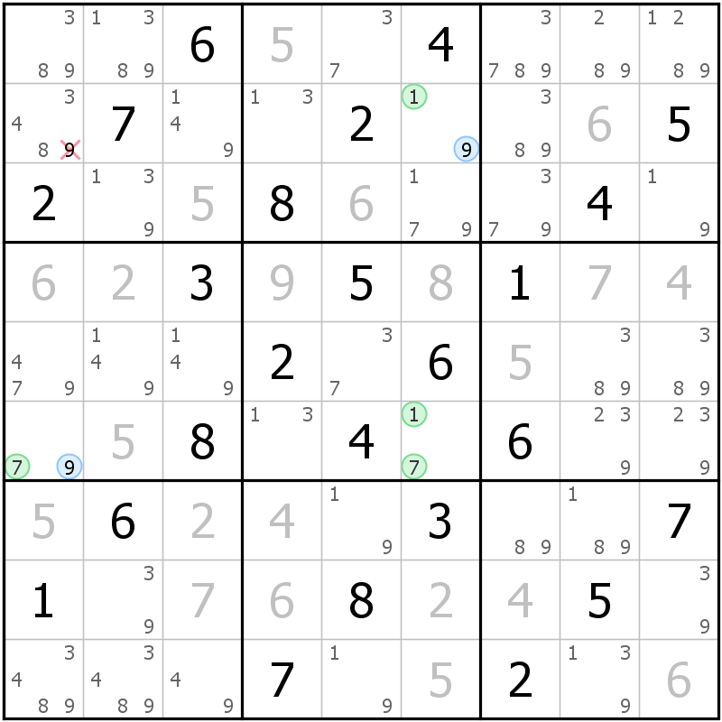 Position des candidats pour la solution de la grille page 33 du magazine de sudoku grandmaitre n° 14