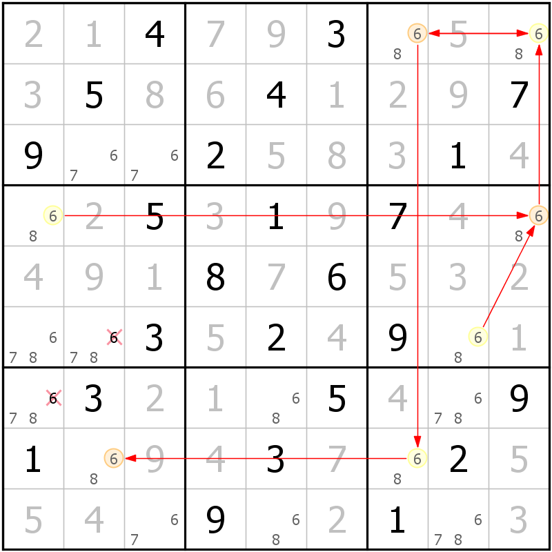 Position des candidats pour la solution de la grille page 35 du magazine de sudoku grandmaitre n° 14