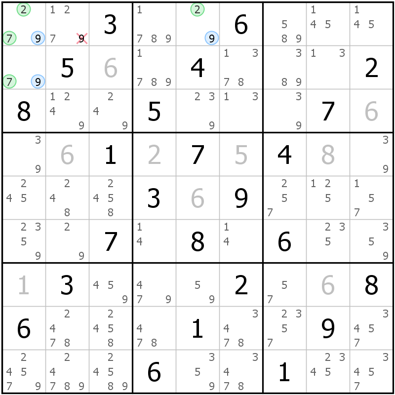 Position des candidats pour la solution de la grille page 38 du magazine de sudoku grandmaitre n° 14