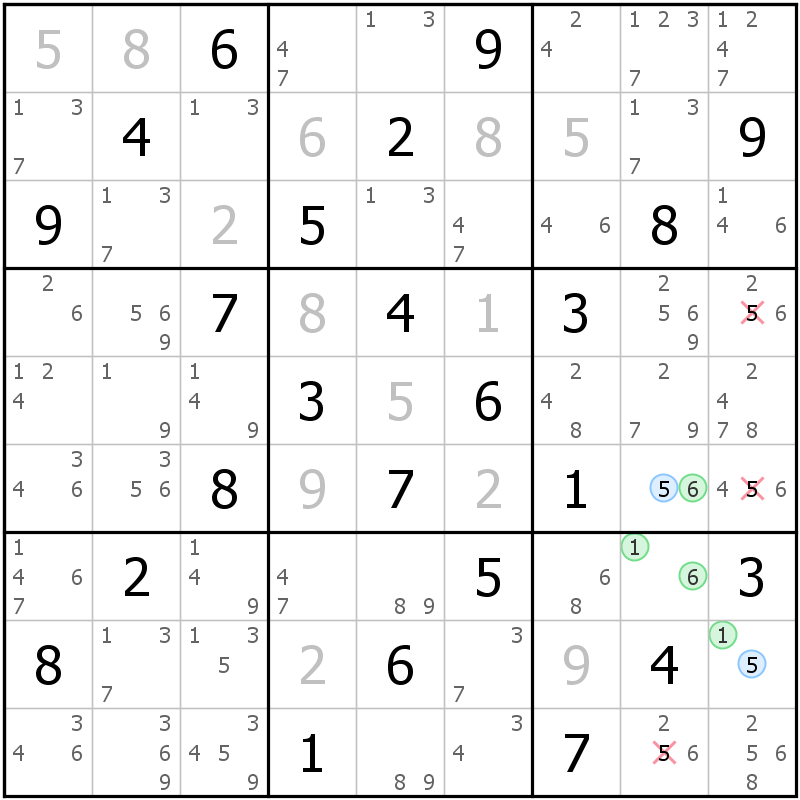 Position des candidats pour la solution de la grille page 39 du magazine de sudoku grandmaitre n° 14