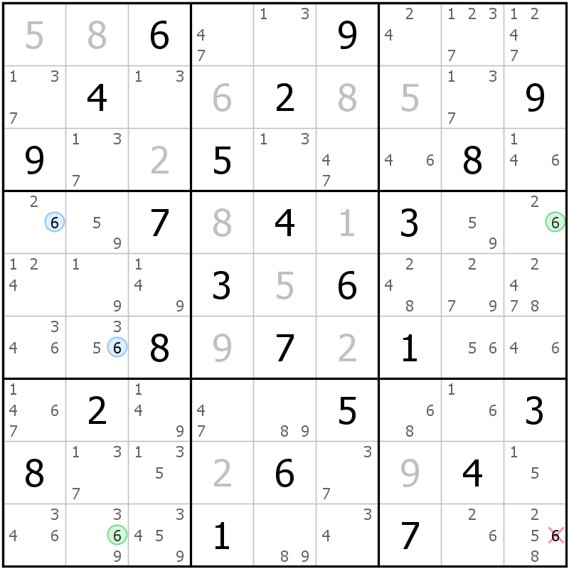 Position des candidats pour la solution de la grille page 39 du magazine de sudoku grandmaitre n° 14