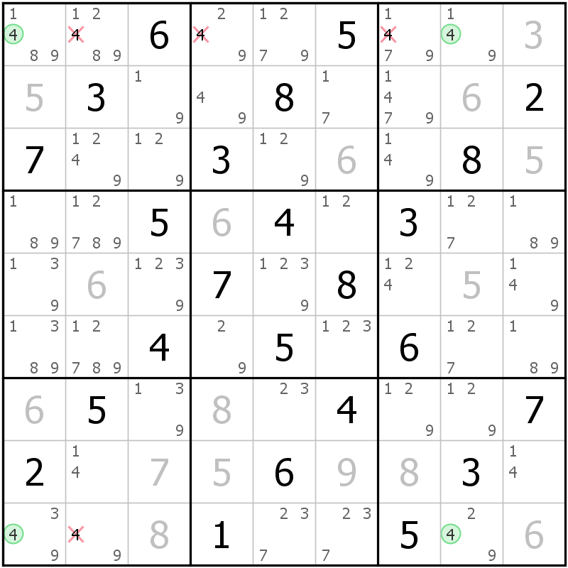 Position des candidats pour la solution de la grille page 41 du magazine de sudoku grandmaitre n° 14