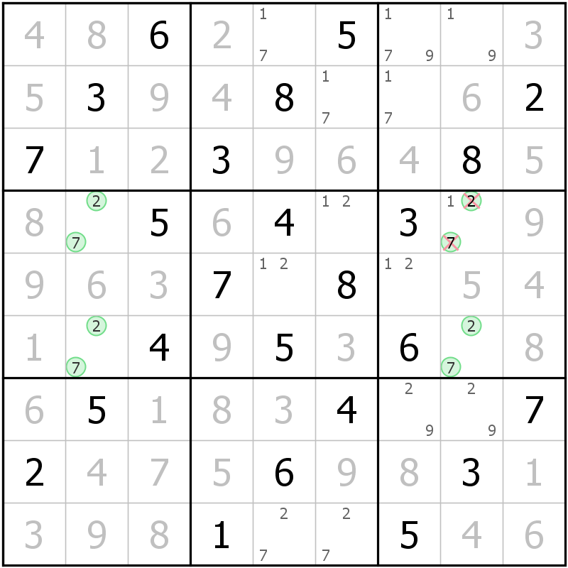 Position des candidats pour la solution de la grille page 41 du magazine de sudoku grandmaitre n° 14