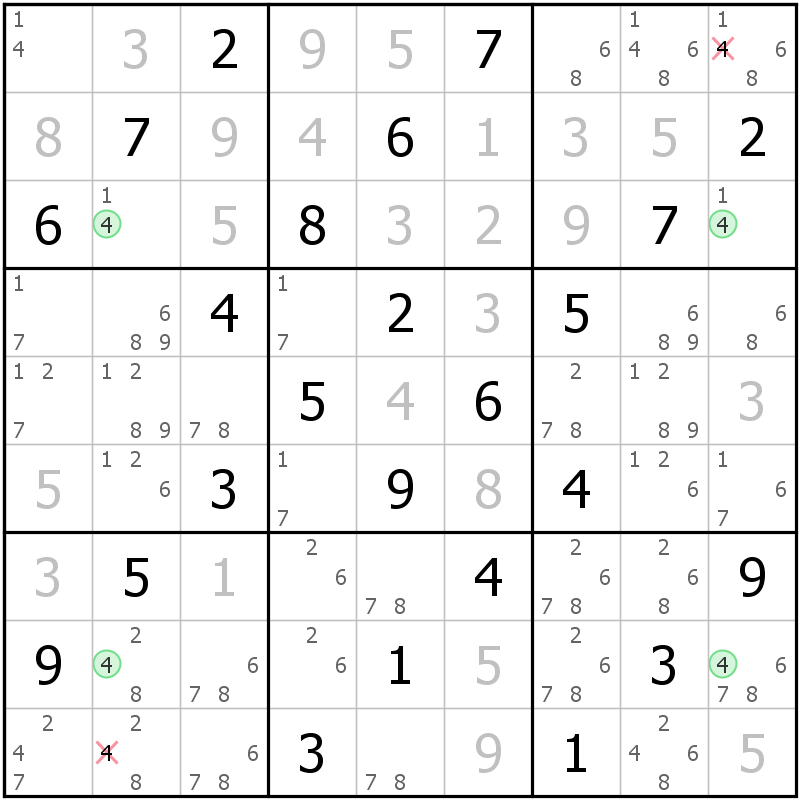 Position des candidats pour la solution de la grille page 43 du magazine de sudoku grandmaitre n° 14