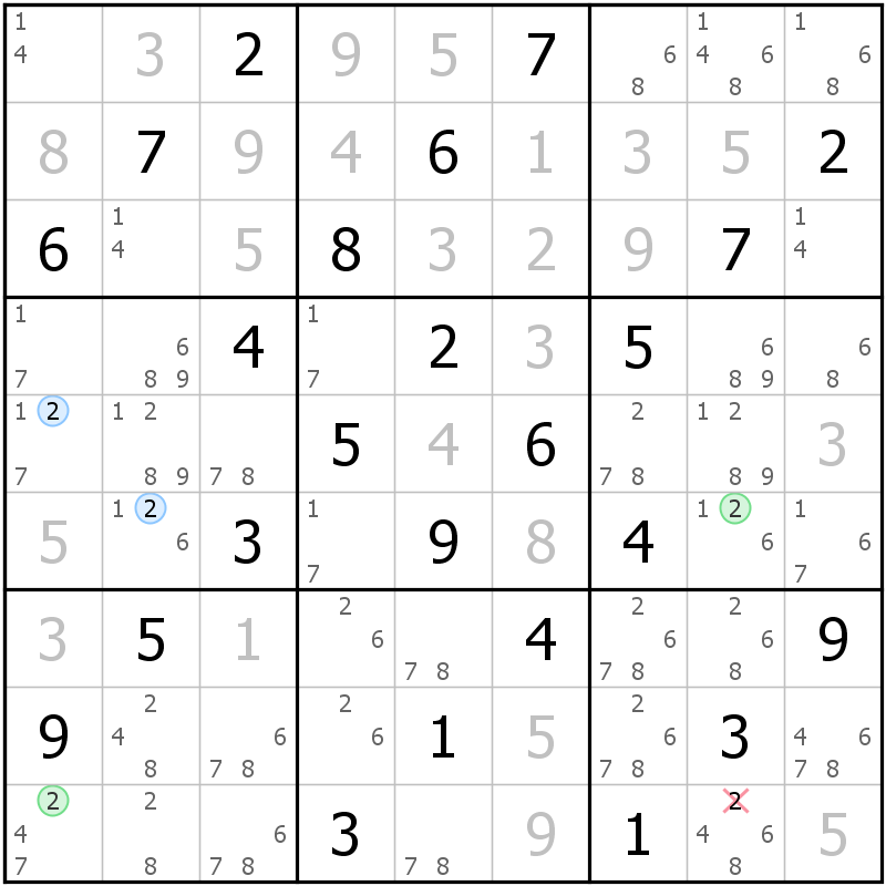 Position des candidats pour la solution de la grille page 43 du magazine de sudoku grandmaitre n° 14
