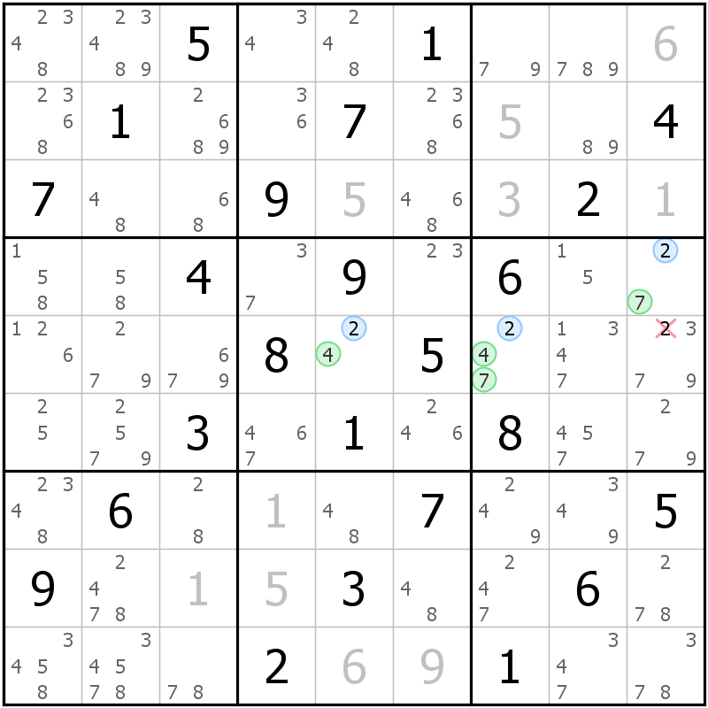 Position des candidats pour la solution de la grille page 44 du magazine de sudoku grandmaitre n° 14