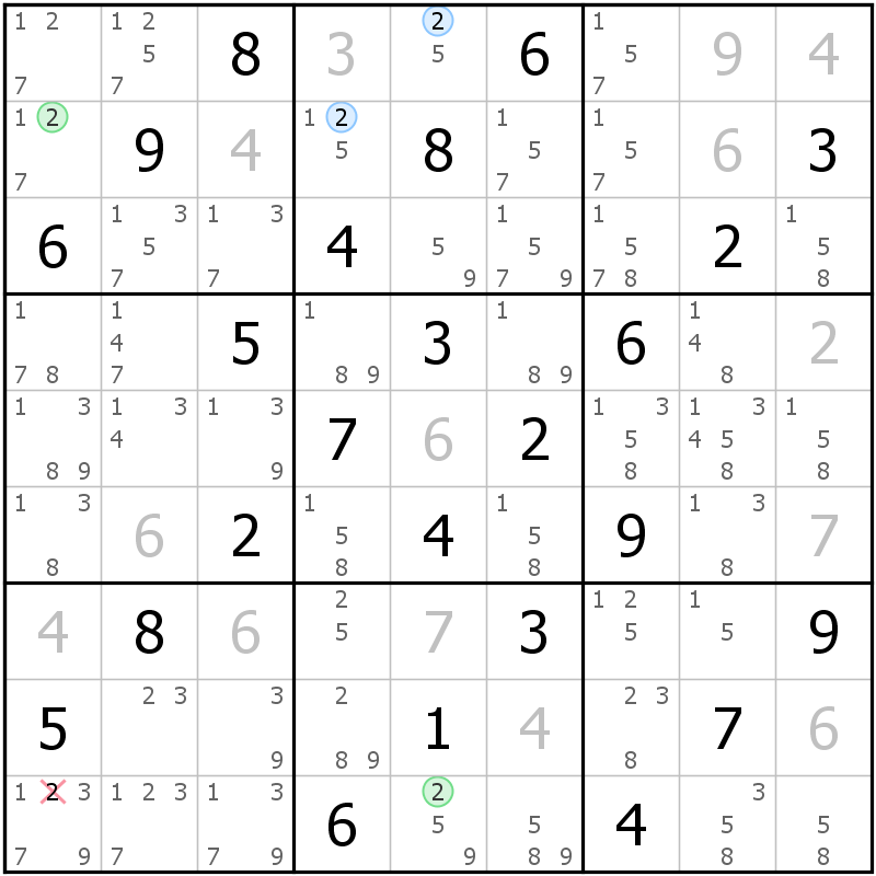 Position des candidats pour la solution de la grille page 45 du magazine de sudoku grandmaitre n° 14