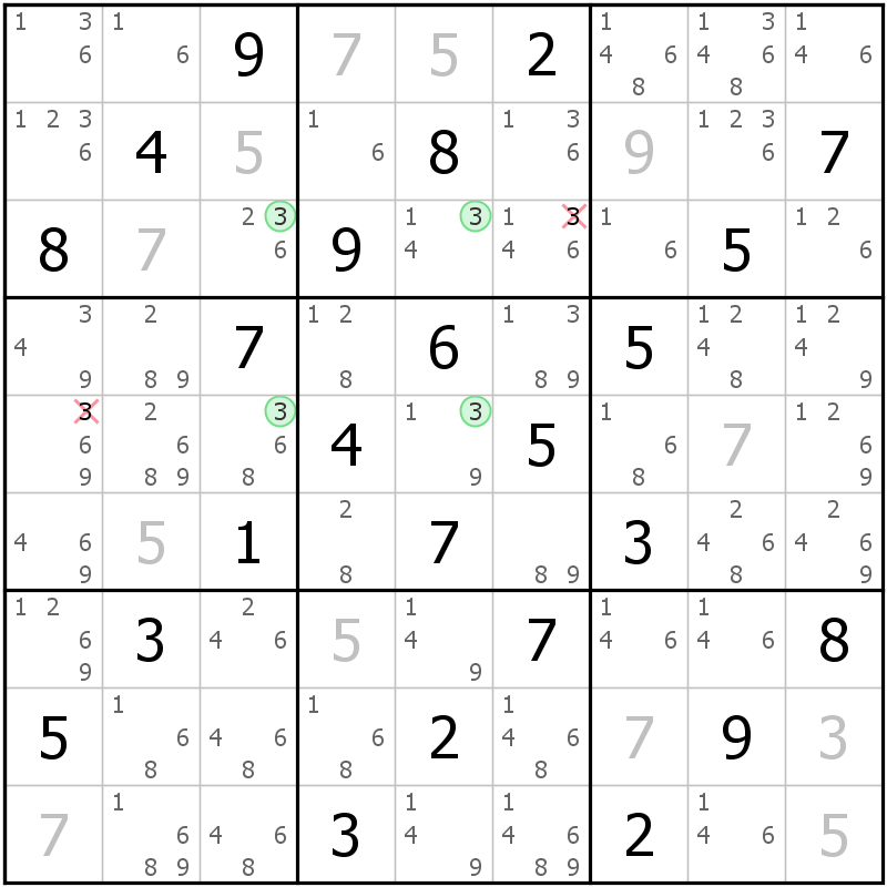 Position des candidats pour la solution de la grille page 46 du magazine de sudoku grandmaitre n° 14
