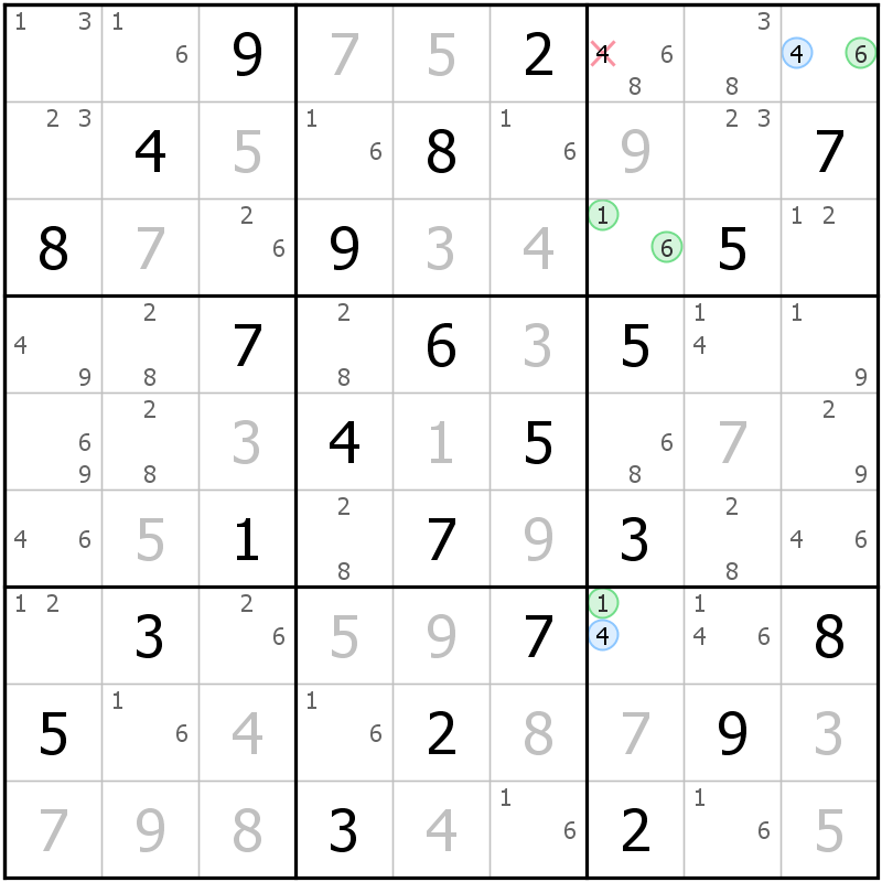 Position des candidats pour la solution de la grille page 46 du magazine de sudoku grandmaitre n° 14