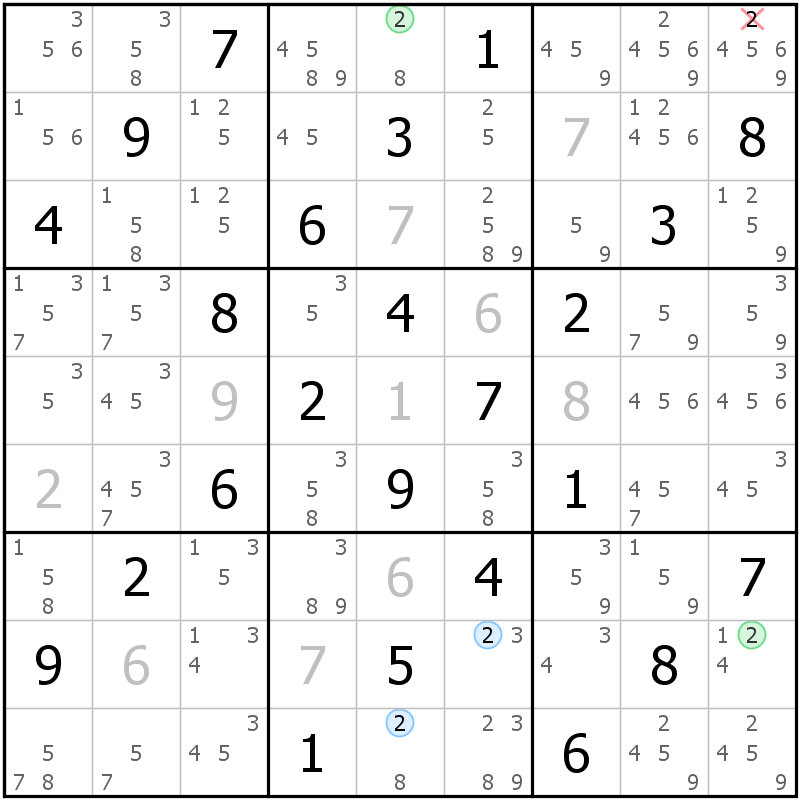 Position des candidats pour la solution de la grille page 48 du magazine de sudoku grandmaitre n° 14