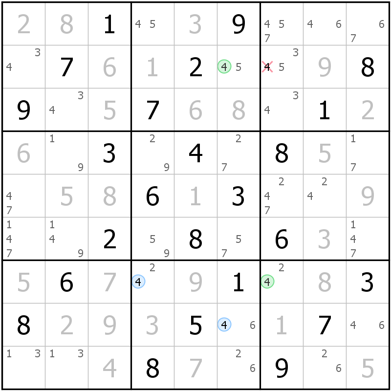 Position des candidats pour la solution de la grille page 52 du magazine de sudoku grandmaitre n° 14