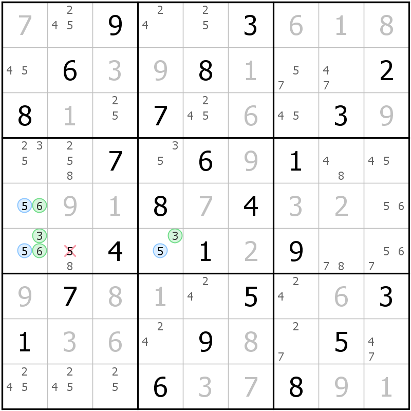 Position des candidats pour la solution de la grille page 56 du magazine de sudoku grandmaitre n° 14