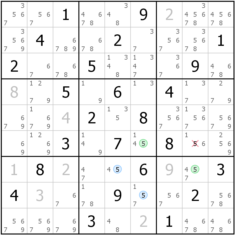 Position des candidats pour la solution de la grille page 57 du magazine de sudoku grandmaitre n° 14