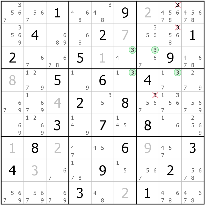 Position des candidats pour la solution de la grille page 57 du magazine de sudoku grandmaitre n° 14
