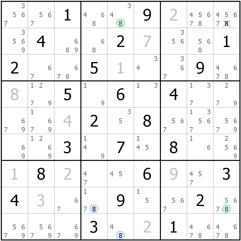 Position des candidats pour la solution de la grille page 57 du magazine de sudoku grandmaitre n° 14