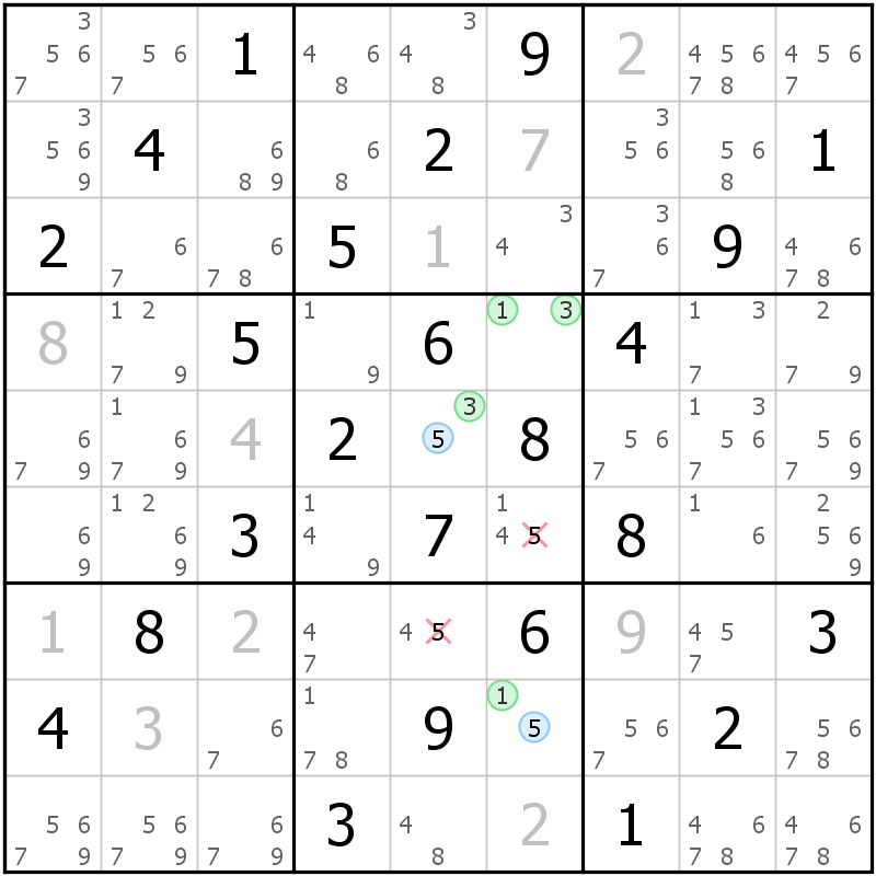Position des candidats pour la solution de la grille page 57 du magazine de sudoku grandmaitre n° 14