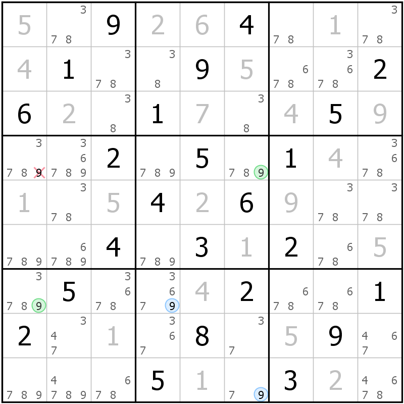 Position des candidats pour la solution de la grille page 61 du magazine de sudoku grandmaitre n° 14