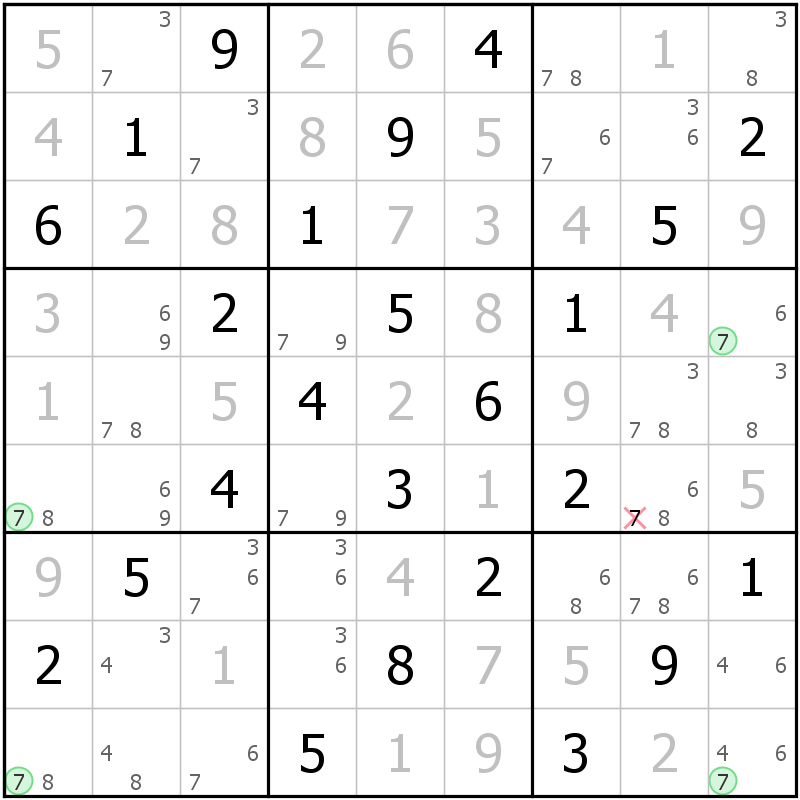 Position des candidats pour la solution de la grille page 61 du magazine de sudoku grandmaitre n° 14