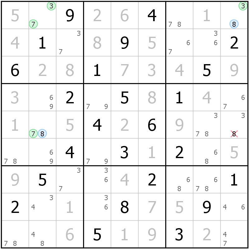 Position des candidats pour la solution de la grille page 61 du magazine de sudoku grandmaitre n° 14