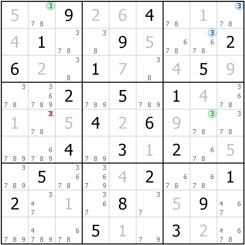 Position des candidats pour la solution de la grille page 61 du magazine de sudoku grandmaitre n° 14