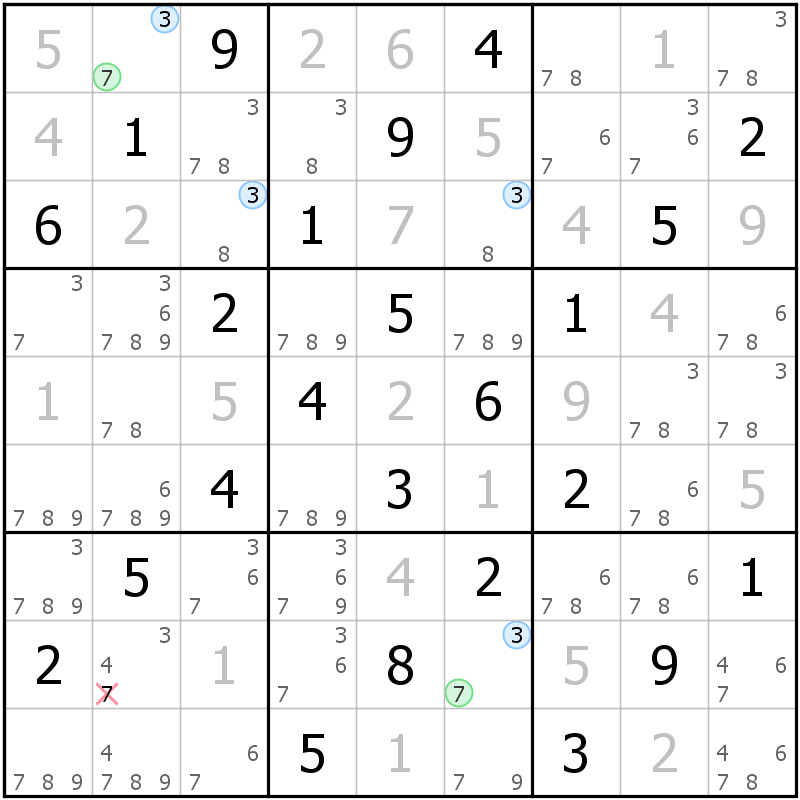 Position des candidats pour la solution de la grille page 61 du magazine de sudoku grandmaitre n° 14