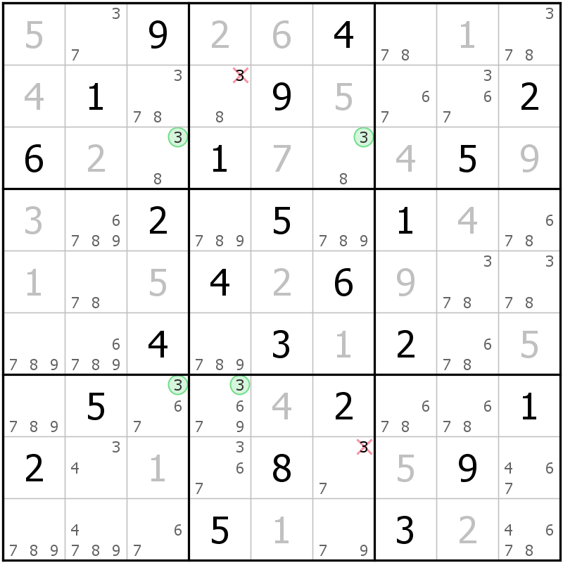 Position des candidats pour la solution de la grille page 61 du magazine de sudoku grandmaitre n° 14