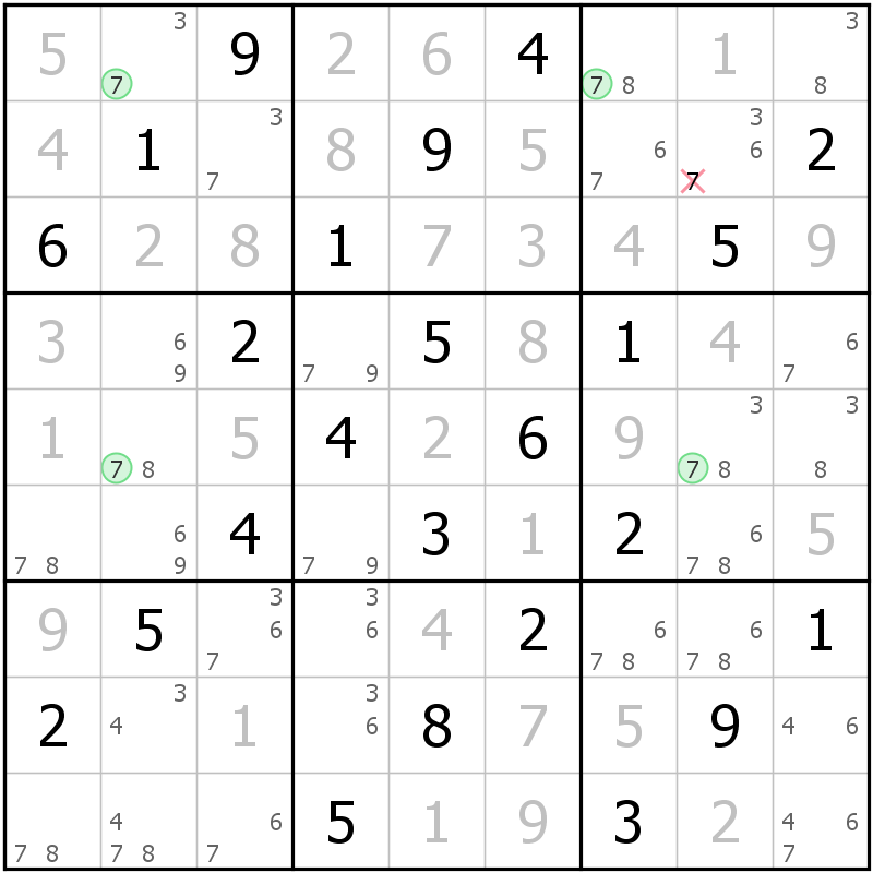 Position des candidats pour la solution de la grille page 61 du magazine de sudoku grandmaitre n° 14